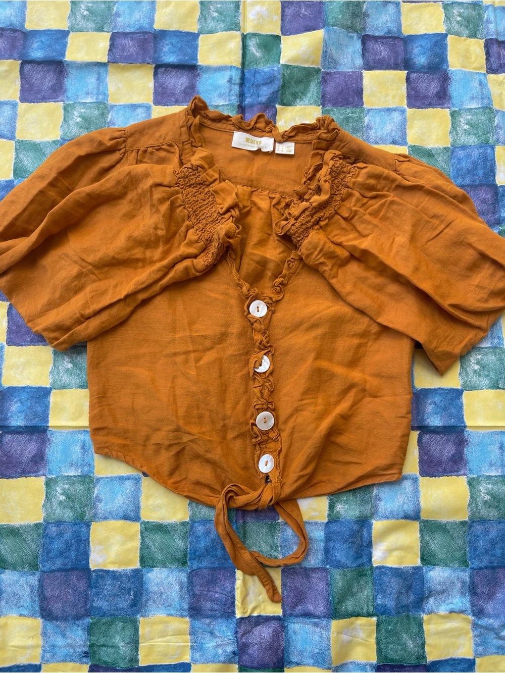 Maeve Rust Tie-Front Ruffle Blouse - Picture 5 of 8